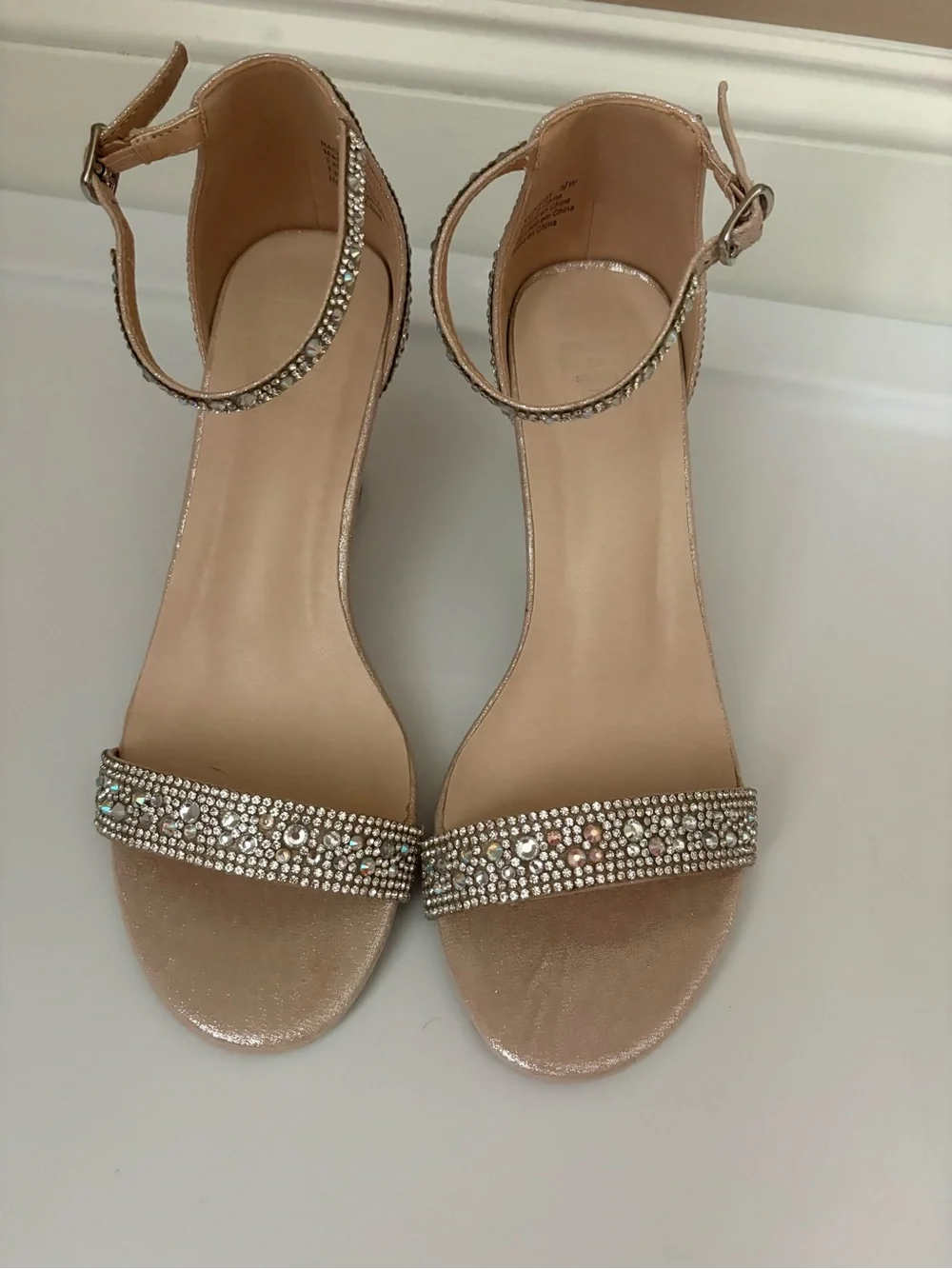 David's Bridal Champagne Blush Rhinestone Wedge Sandals Sz 7.5
